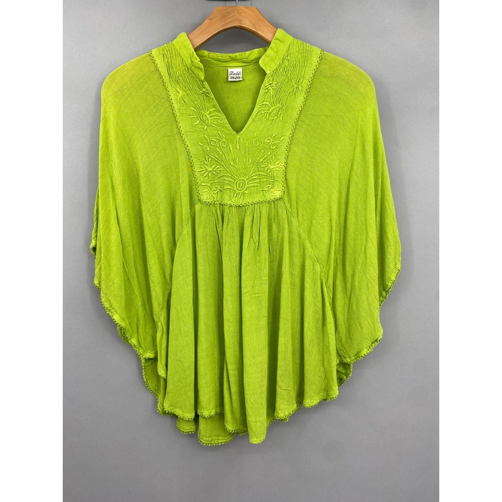 Laddi Embroidered Poncho Top Womens One Size Lime Green‎ Boho Gauze Blouse